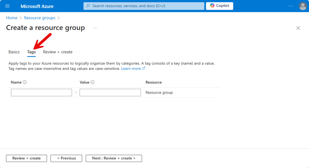 Azure Resource Tagging - The Tags tab page, without policies in place.